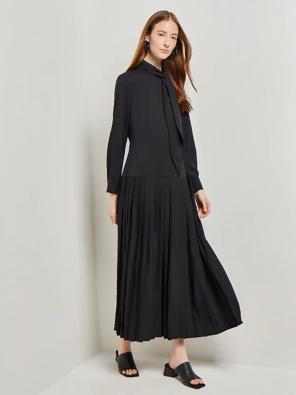 Save More with Every Purchase!Tie Neck Pleated A-Line Maxi Dress, Black
