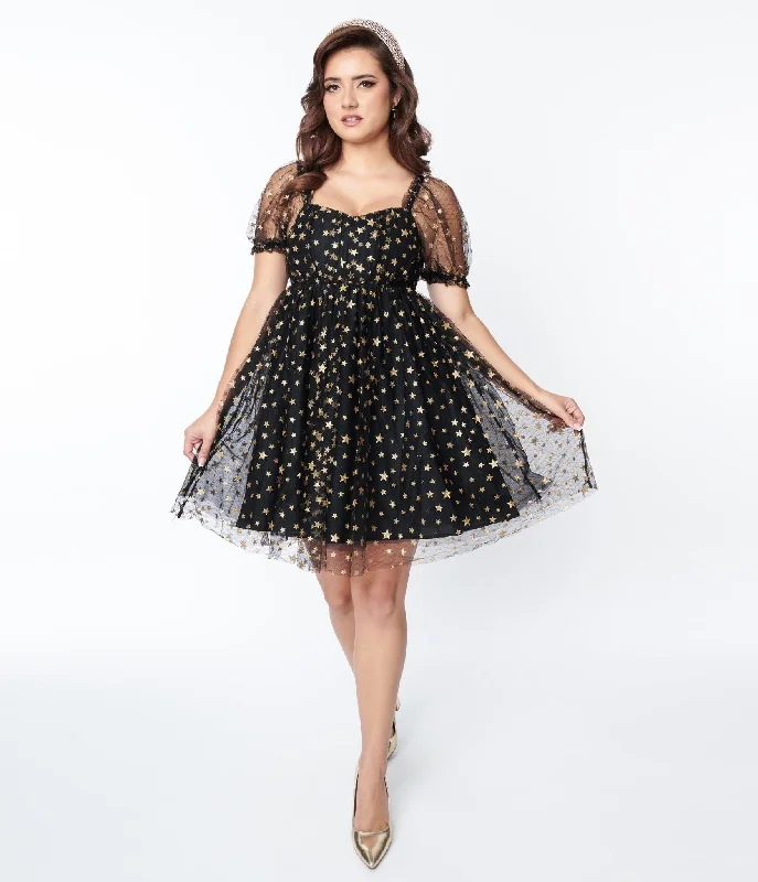Best Offers of the Month!Unique Vintage Black Gold Star Mesh Babydoll Belle Dress