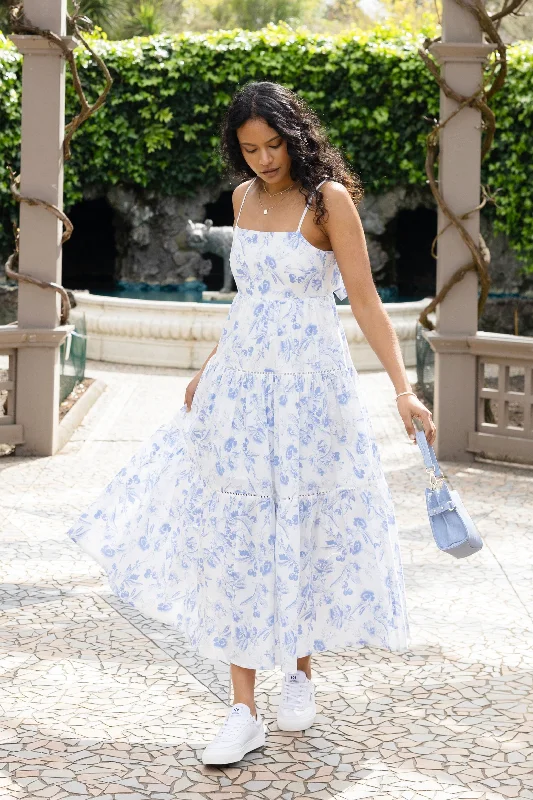 Don’t Wait – Shop Today!Universe Blue Floral Tie Back Tiered Strappy Maxi Dress