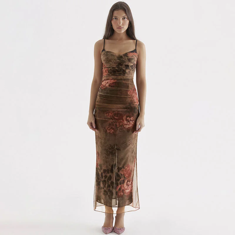 Price Drops You’ll Love!BerryBetty - Vintage Flower Print Ruched Mesh Corset Slip Bodycon Maxi Dress - Brown