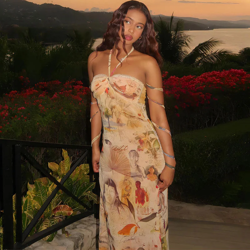 Shop More, Spend Less!BerryBetty - Vintage Print Halter Neck Fishtail Trim Sleeveless Maxi Dress - Apricot