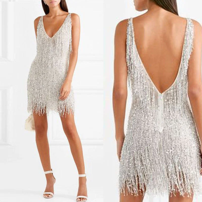 Buy More, Pay Less!Women's Sleeveless Sexy Tassel V-neck Slim Dress