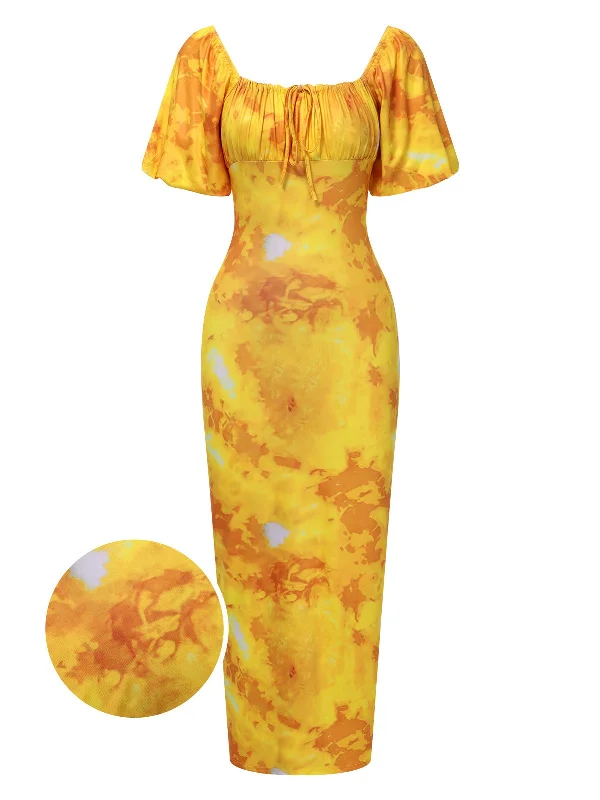Shop Now and Save!Yellow 1930s Puff Sleeves Square Neck Dress