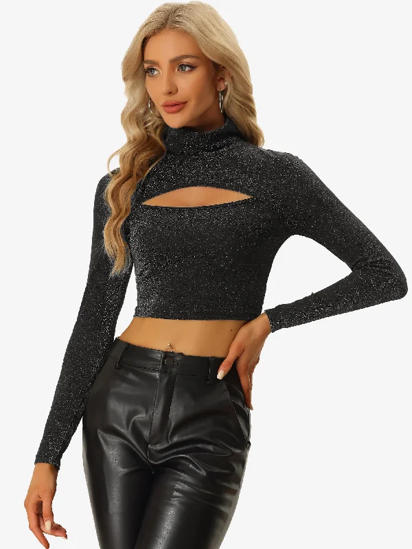 New Discounts Just Dropped!Party Tee Long Sleeve Slim Fit Mock Neck Cutout Crop Tops