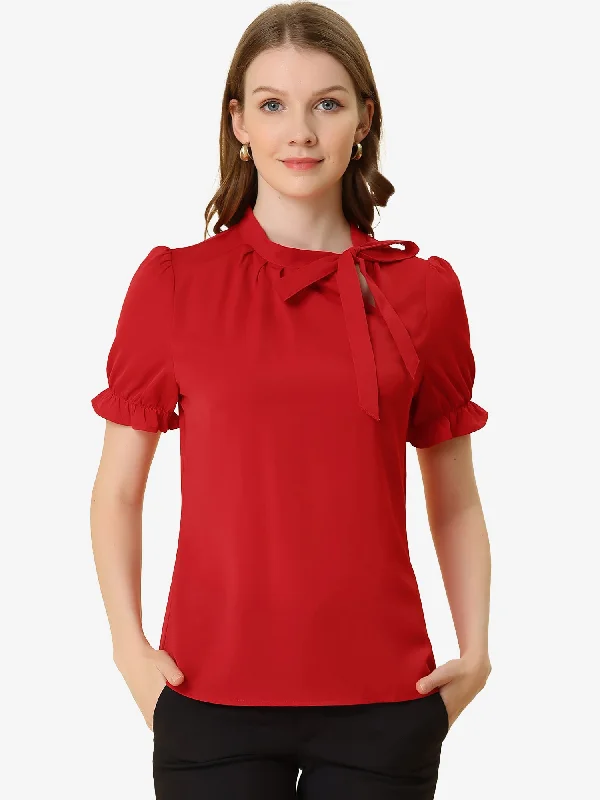 Grab Yours Before It’s Too Late!Bow Tie Neck Elegant Office Short Sleeve Blouse