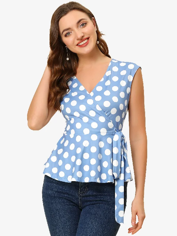 New Discounts Just Dropped!Sleeveless Elegant V Neck Self Tie Front Polka Dot Wrap Blouse