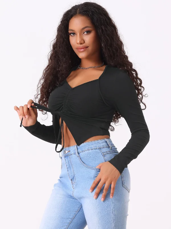 The Best Sale of the Year!Ruched Lace-Up Asymmetrical Hem Y2K Drawstring Crop Tops