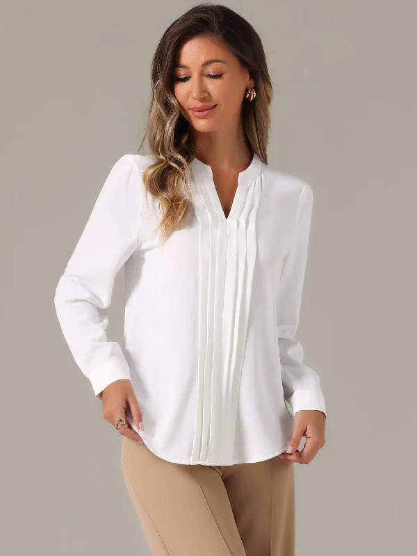 Only a Few Left – Order Now!Pleated Long Sleeve Business Office Notch Neck Blouse