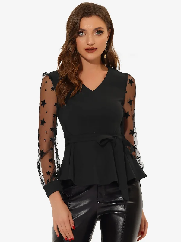 Shop Before It’s Gone!Tie Waist Peplum Ruffle Hem Party V Neck Mesh Long Sleeve Blouse