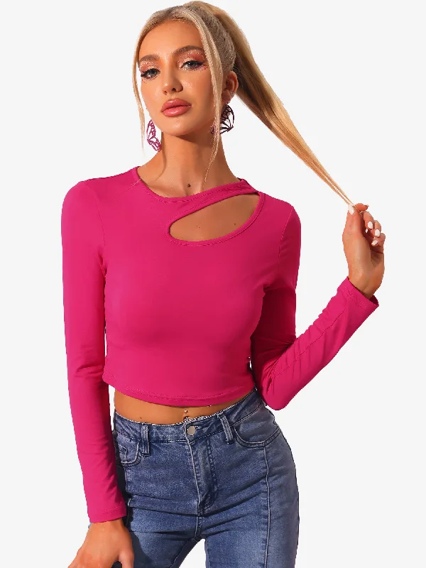 Amazing Prices You Can’t Resist!Long Sleeve Casual Cut Out Slim Fitted Basic Crop Tee Tops
