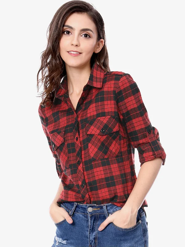 Shop Smart, Save Big!Roll Up Long Sleeve Christmas Button Down Plaid Flannel Shirt Top