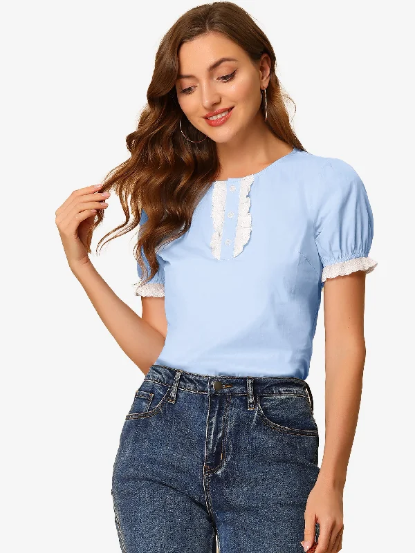 Find the Best Deals Here!Puff Sleeve Crew Neck Cute Lace Trim Summer Vintage Cotton Top