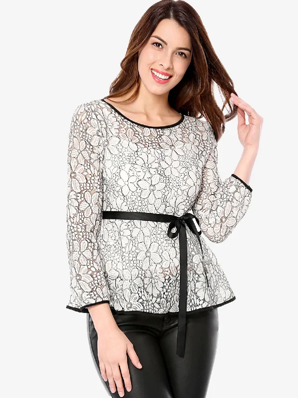 Your Shopping Wish, Our Discount Command!Elegant Tie Waist Long Sleeve Top Lace Peplum Blouses