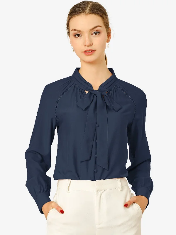 Get More, Spend Less – Shop Now!Office Long Sleeve Button Decor Elegant Bow Tie Neck Blouse
