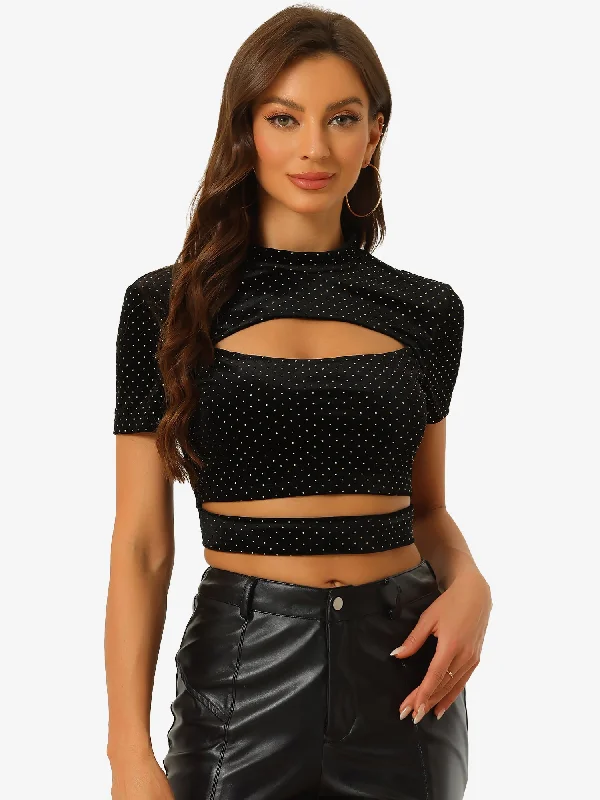 The Sale You’ve Been Waiting For!Cut Out Top Glitter Sparkle Velvet Short Sleeve Fitted Crop Tops