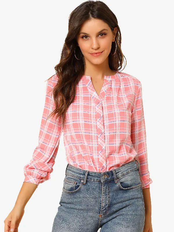 One Click Away from Big Savings!Christmas Plaid Shirt Button Up V Neck Long Sleeve Peasant Blouse