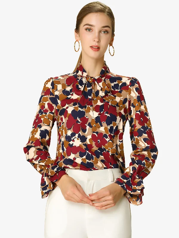 Your Favorite Items on Sale Now!Valentine's Day Floral Tie V Neck Blouse Chiffon Ruffle Trumpet Top