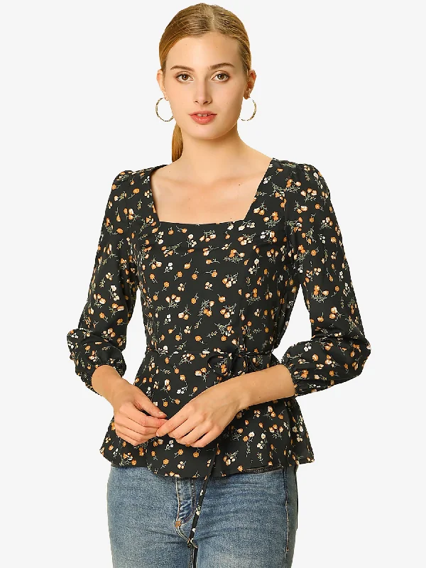 Best Offers of the Month!Floral Print Belted Waist Blouse Square Neck Vintage Peplum Top