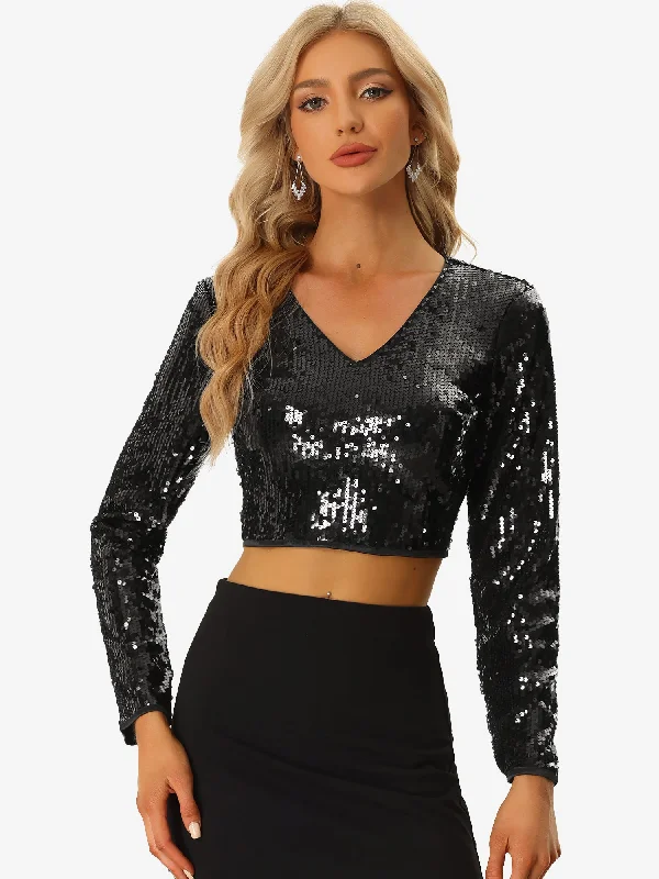Exclusive Offers You’ll Love!Sequin Long Sleeve V Neck Sparkly Shiny Crop Top Blouse