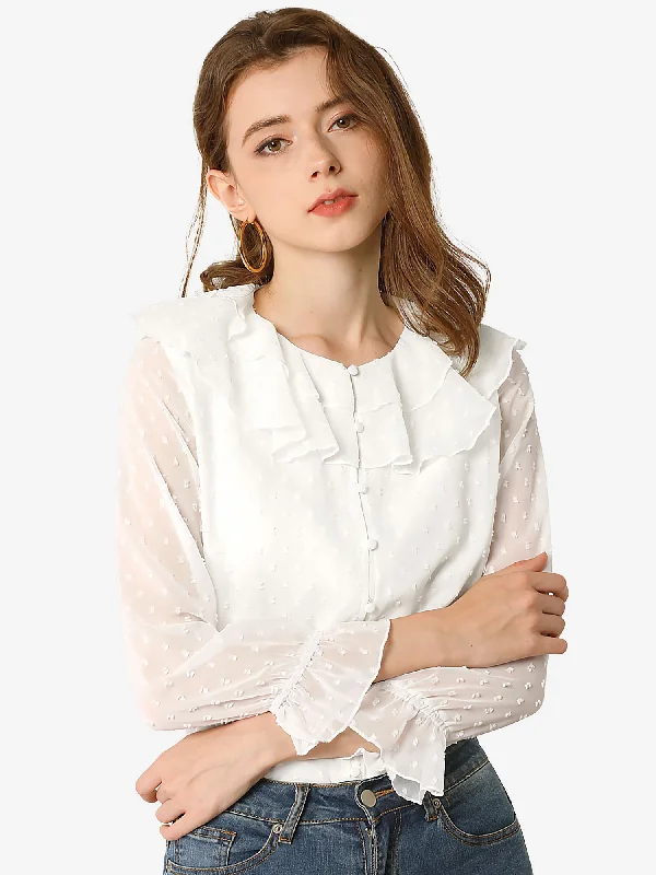 Biggest Sale of the Season!Swiss Dots Blouse Bracelet Sleeve Chiffon Boho Ruffle Neck Tops