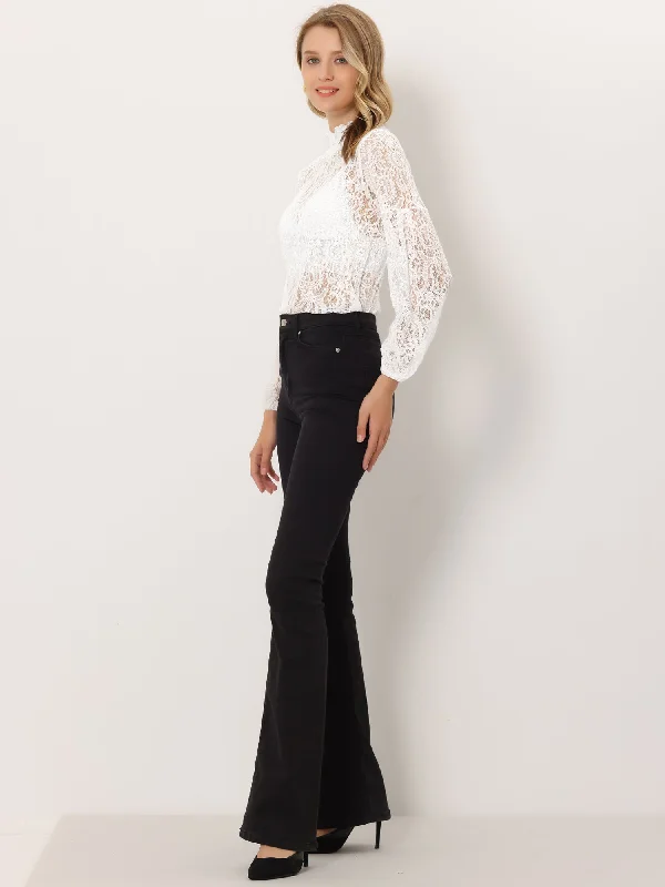 Act Fast – Limited Time Savings!Floral Lace Top Turtleneck Puff Long Sleeve See Through Sheer Blouse