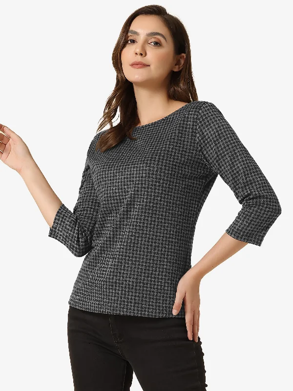 Bigger Savings, Better Shopping!Work Office 3/4 Sleeve Boat Neck Houndstooth Printed Top Blouse
