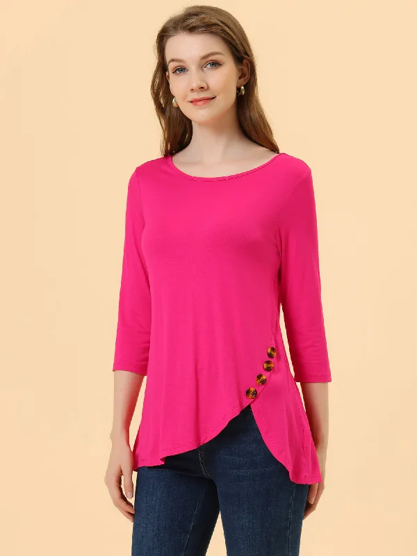 Score Huge Discounts Today!3/4 Sleeve Round Neck Button Decor Casual Stretchy Tunic Tops