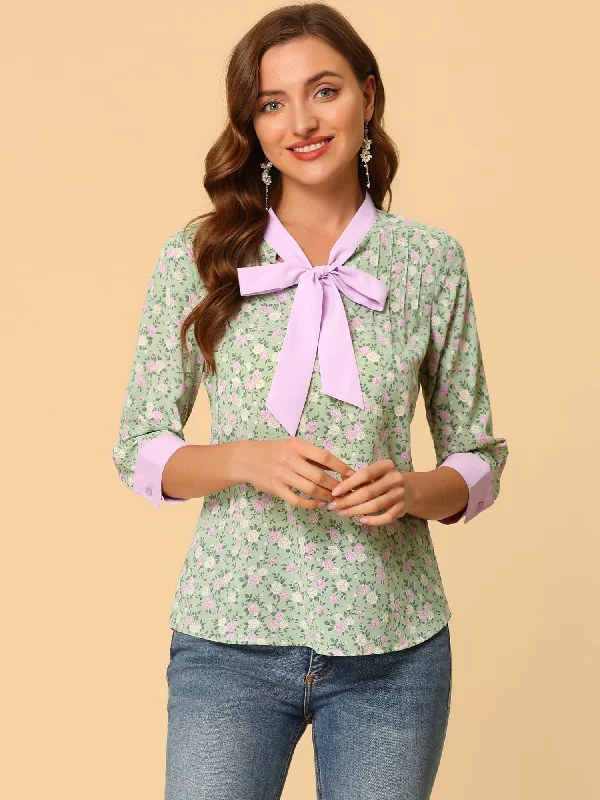 Buy More, Save More!Floral Tops Bow Tie V Neck Contrast Trim 3/4 Sleeve Vintage Blouse
