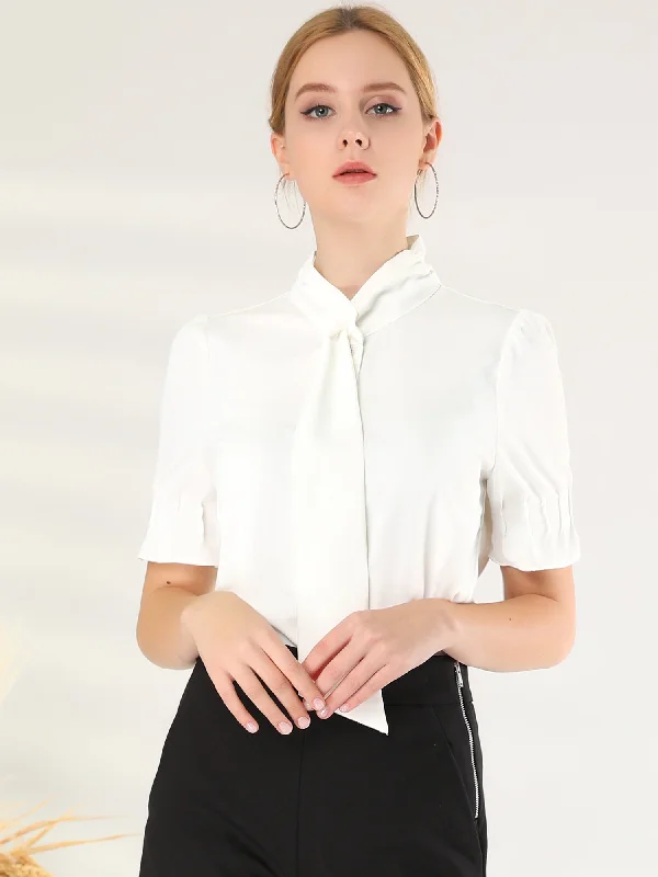 Your Shopping Spree Starts Here!Tie Neck Work Top Puff Sleeve Blouse Eleagnt Button Down Shirt