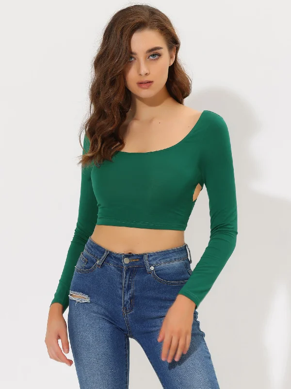 Price Drops You’ll Love!Sexy Crop Top Long Sleeve Scoop Neck Crisscross Tie Back Blouse