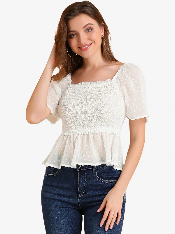 Find Your Perfect Deal Today!Smocked Square Neck Semi-Sheer Ruffle Summer Swiss Dots Blouse