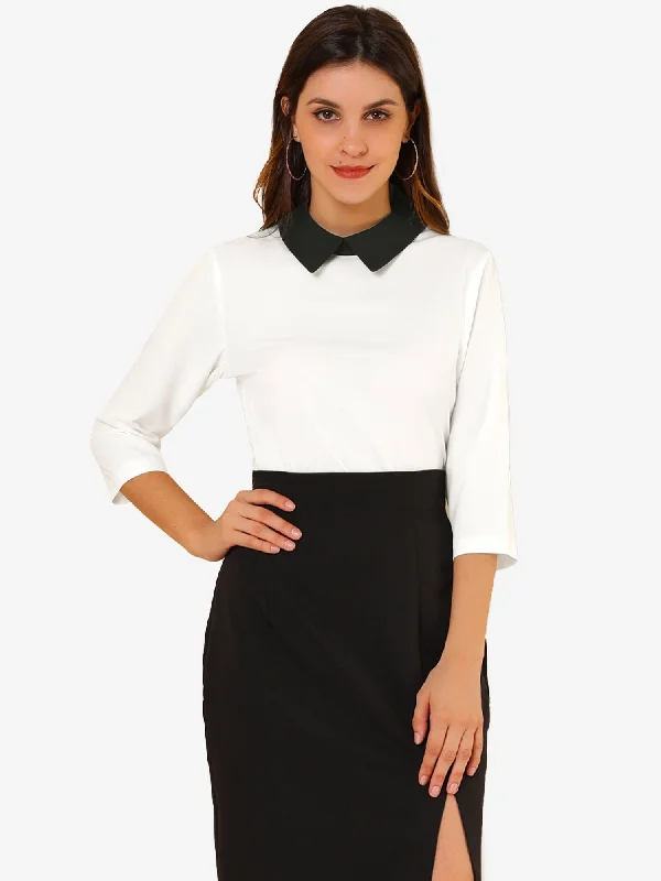 The Best Deals Won’t Wait!Contrast Point Collar 3/4 Sleeve Casual Chiffon Blouse Tops