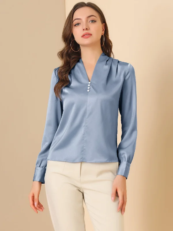 Limited Deals, Unlimited Savings!V Neck Decor Beaded Long Sleeve Office Pleated Satin Blouse Top
