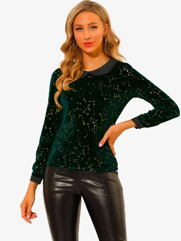 Hurry! While Supplies Last!Peter Pan Collar Long Sleeve Stars Printed Velvet Blouse