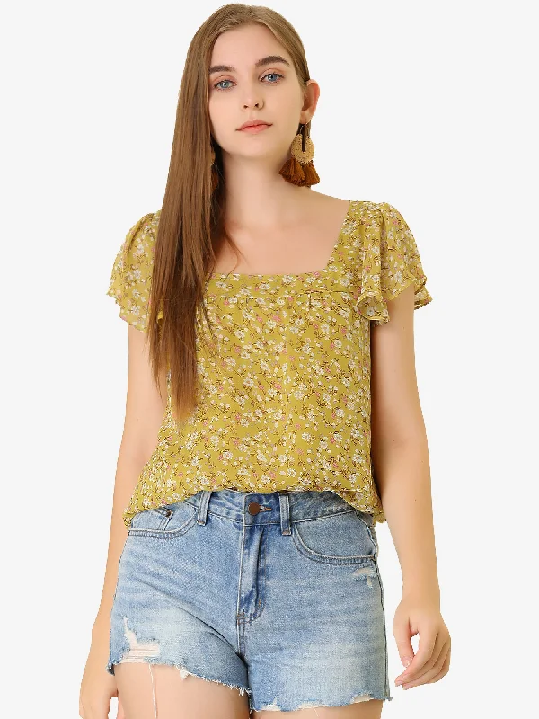 Huge Price Cuts Await!Chiffon Ruffle Sleeve Top Layered Vintage Ditsy Floral Blouse