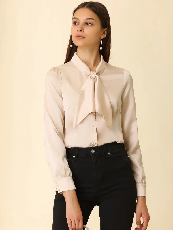 Don’t Wait – Shop Today!Work Top Satin Blouse Tie Neck Long sleeve Button Up Shirt