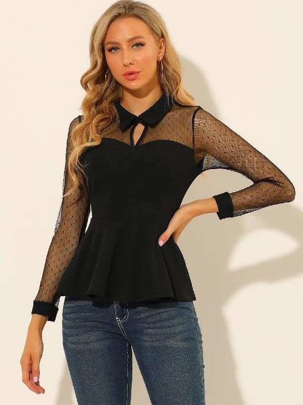 Best Deals Just for You!Mesh Sheer Long Sleeve Blouse Turn Down Collar Keyhole Peplum Top