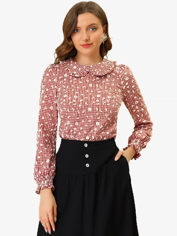 Your Chance to Save is Now!1950s Retro Vintage Plaid Doll Collar Long Sleeve Casual Gingham Tops