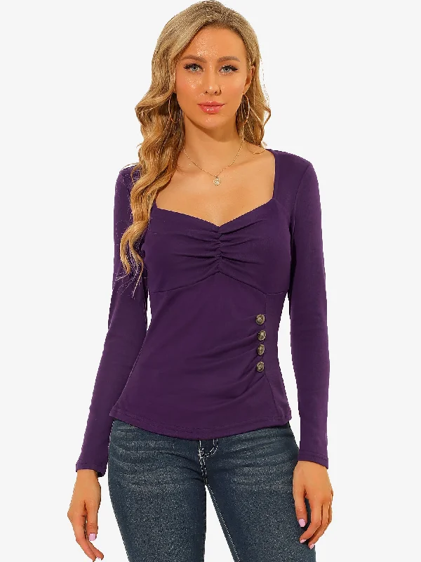 Bigger Savings, Better Shopping!Sweetheart Neck Ruched Top Long Sleeve Button Decor Rib Knit Blouse