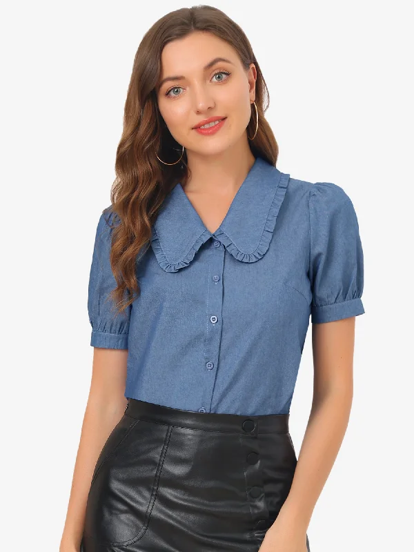 Limited Time Offer!Chambray Shirt Peter Pan Collar Puff Sleeve Vintage Denim Blouse