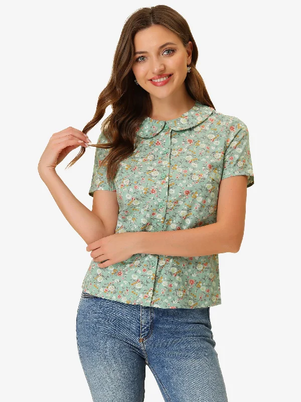 Flash Sale – Act Fast!Summer Peter Pan Collar Button Front Vintage Floral Print Blouse