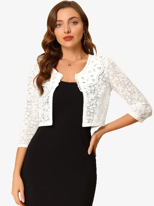 Get More, Spend Less – Shop Now!Crop Semi-Sheer Cardigan 3/4 Sleeve Peter Pan Collar Lace Shrug