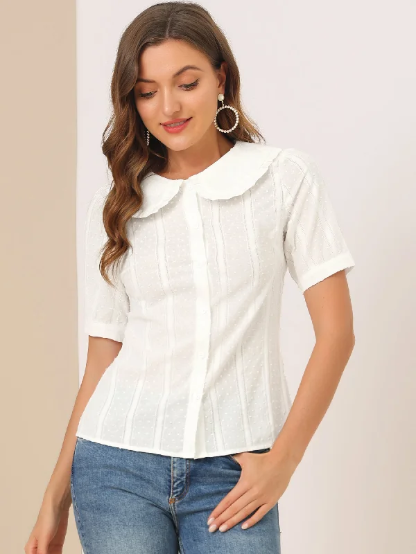 Shop Before It’s Gone!Peter Pan Collar Swiss Dots Short Sleeve Button Front Shirt Blouse