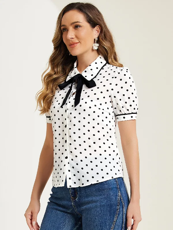 Your Favorite Sale is Back!Polka Dot Peter Pan Collar Bow Tie Neck Puff Sleeve Vintage Shirt