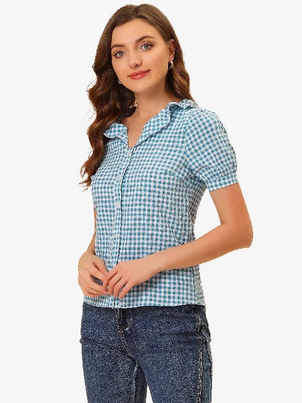 The Sale You’ve Been Waiting For!Plaid Blouse Puff Sleeve Ruffle Peter Pan Collar Shirt Top