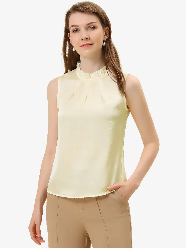 Incredible Savings Inside!Sleeveless Blouse Mock Neck Ruffles Elegant Satin Work Tops