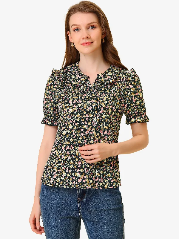 Exclusive Deals Just for You!Peter Pan Collar Puff Short Sleeve Ruffle Smocked Floral Blouse