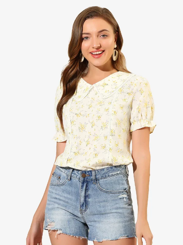 Hottest Discounts of the Year!Floral Peter Pan Collar Lace Trim Ruffle Sleeve Blouse