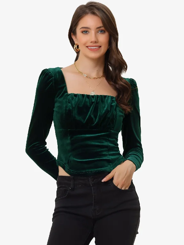 Hot Deals You Can’t Resist!Velvet Cropped Long Sleeve Party Square Neck Top Blouse