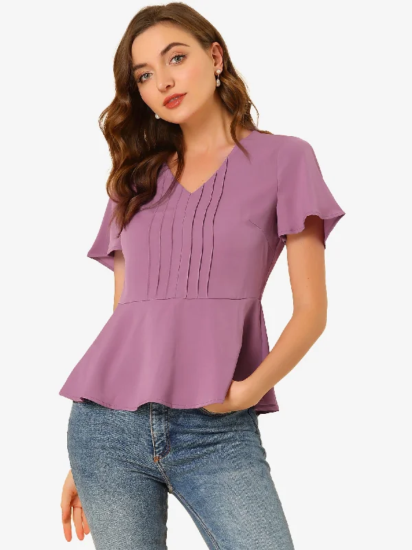 Incredible Savings Inside!Casual Peplum Blouse V Neck Short Sleeve Ruffles Flare Top
